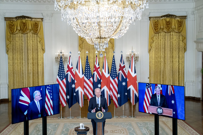 Liderët amerikanë, britanikë dhe australianë deklaruan formimin e partneritetit të sigurisë "AUKUS", 15 shtator,2021(Foto:VCG)