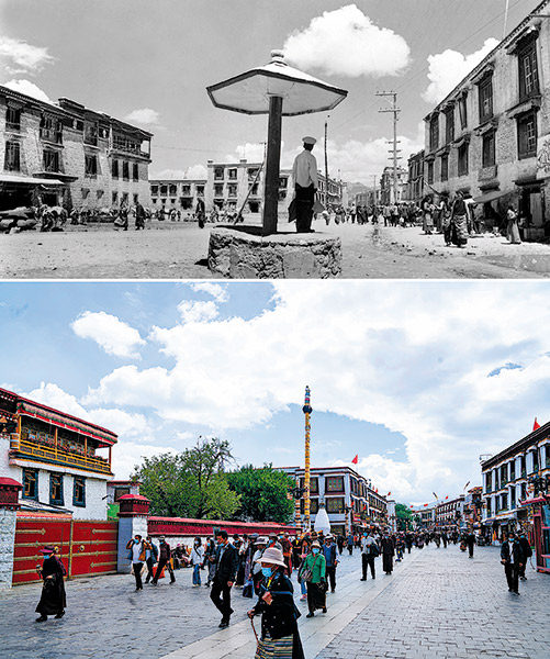 Minulost a přítomnost: Lhasa v 50. letech minulého století a Lhasa dne 13. srpna 2021. [Fotografie: Tisková agentura Nová Čína / Xinhua]
