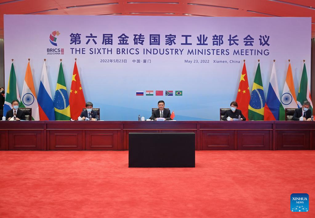 Šestá porada ministrů průmyslu BRICS vedená video-rozhovorem v Xiamen ve východočínské provincii Fujian, 23. května 2022. [Photo/Xinhua]