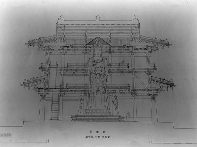Σχέδιο του εσωτερικού του Γκουανγινγκέ στο Μοναστήρι Ντουλέ (1932), από την Συλλογή της Ένωσης Κινεζικής Αρχιτεκτονικής, που παρουσιάζεται στην Έκθεση για τα 120 χρόνια από την γέννηση του Λιανγκ Σιτσένγκ, 4 Σεπτεμβρίου 2021 (Φωτογραφία: Εύα Παπαζή)