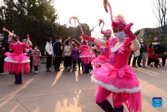 Τουρίστες παρακολουθούν τους καλλιτέχνες να χορεύουν σε ένα πάρκο με θέμα τα ζώα στο Τζενγκτζόου, στην επαρχία Χενάν της κεντρικής Κίνας, 2 Ιανουαρίου 2022. (Xinhua/Zhu Xiang)