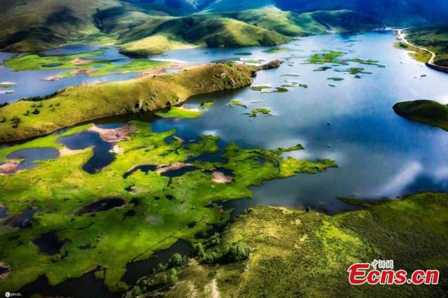 Λιβάδια μοιάζουν να πλέουν στην λίμνη Τσουνντόνγκ Χαϊζί, της Θιβετιανής Αυτόνομης Κομητείας Μουλί στο Λιανγκσάν, της επαρχίας Σιτσουάν, 15 Ιουλίου 2022, σχηματίζοντας ένα ονειρικό γραφικό τοπίο. (Φωτογραφία/ICphoto)