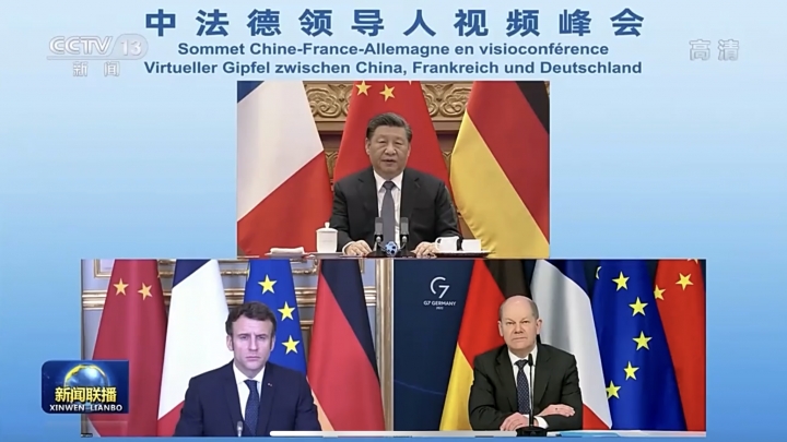 Video des Gipfeltreffens zwischen Xi Jinping, Emmanuel Macron und Olaf Scholz