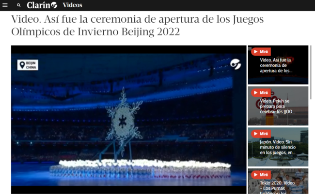Reportagem sobre a cerimônia de abertura das Olimpíadas de Inverno de Beijing publicada no site oficial do jornal argentino Clarín